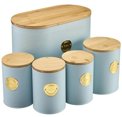 Cooks Professional 5 Piece Ribbed Tea Coffee Sugar Bread & Biscuit Cannisters with Air-Tight Bamboo Lids | Stainless Steel Kitchen Storage Bin Set | Modern & Stylish | Blue & Gold