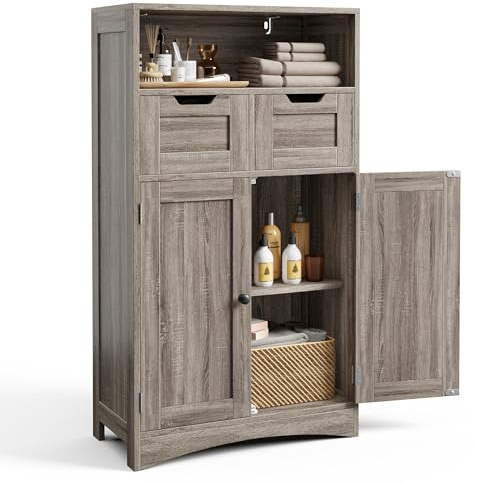 Bealife Armoire Salle de Bain, Armoire de Rangement avec 2 Tiroirs, Étagère Réglable et 2 Portes, Meuble Rangement pour Salon, Chambre, 60x30x108 cm, Gris