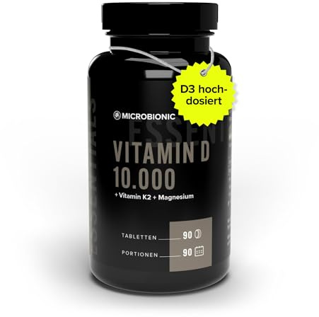 Vitamin D3 10.000 I.E. + K2 + Magnesium by MICROBIONIC | 90 Tabletten - alle 10 Tage 1 Tablette | D3 hochdosiert & laborgeprüft