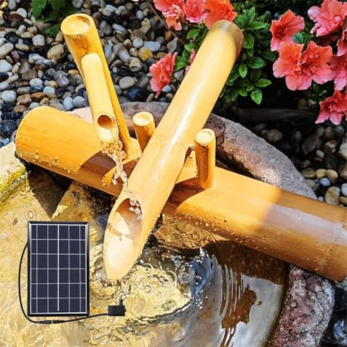 Fontaine à cascade en bambou à énergie solaire, fontaine de jardin japonaise, buse cascade d'extérieur 100 % faite à la main