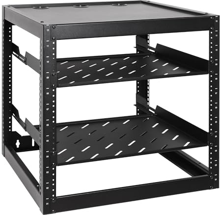 RackPath 12U Netzwerk-Rack mit offenem Rahmen und 2 x 35,6 cm belüfteten 1U-Regalen, hintere Unterstützung, Wandhalterung/bodenstehender Netzwerkschrank, robuste Kapazität von 68 kg für IT- und