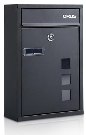 Orus Modern Wall Mounted Letterbox, Steel Post Box with Nameplate and Lock, 25.5 x 11.5 x 39.5 cm, Black