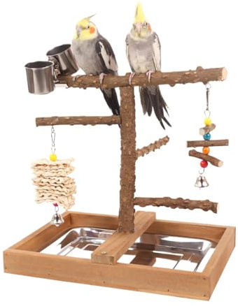 Fenayuu Playground for Parakeets, Bird Play Stand with Feeding Bowls, Wooden Toy for Budgies, Cockatiels, Lovebirds, for Playing Indoor and Outdoor Use