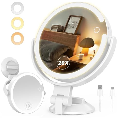 SURFOU Specchio Trucco Ingranditore 1/20X con Luce LED a 3 Colori - Ventosa Forte e Orientabile 360° - Luminosità Regolabile e Ricaricabile - per Maquillaggio Dettagliato, Bagno, Casa e Viaggio