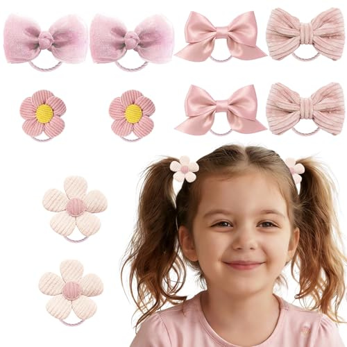 10Pcs Girls Hair Bobbles, Elastic Cute Kids Hair Bands Pink Bow and Flower Ponytail Holder for Baby Girl Infant Toddler Hair Accessories