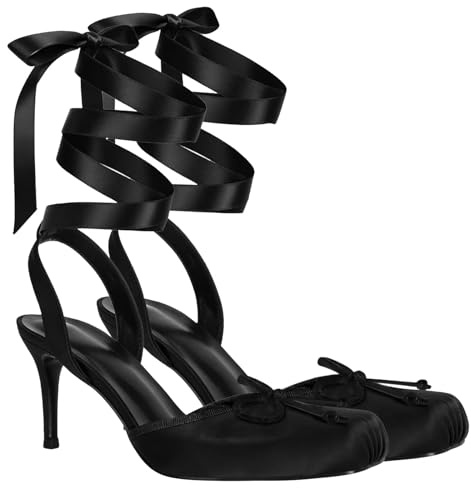 Agodor Satin Ballet Heels for Women, Lace Up Black Ballet Pumps with Bow,Square Toe High Slingback Heel Strappy Elegant Dress Stiletto Mary Jane Ballerina Heels for Party and Wedding US10.5