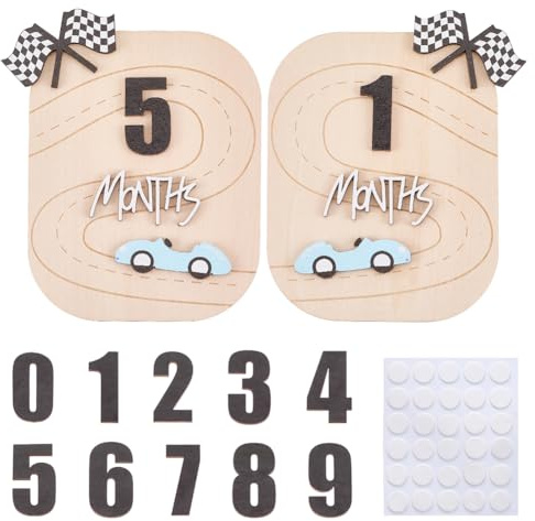 FINGERINSPIRE 2Sets Baby Monthly Milestone Sign Include 2 Boards with 0-9 Numbers and 30 Stickers Moccasin MDF Wood Race Car Baby Milestone Cards Monthly Sign for Newborn Photo Props Nursery Decor