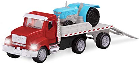 Driven by Battat Micro Flatbed Truck Toy with Tractor, Lights Sounds | 2-piece toy truck set with 1 flatbed truck and 1 small tractor; ramp, hood, doors, 180 degree swiveling bed, Trucks; 3+ Years