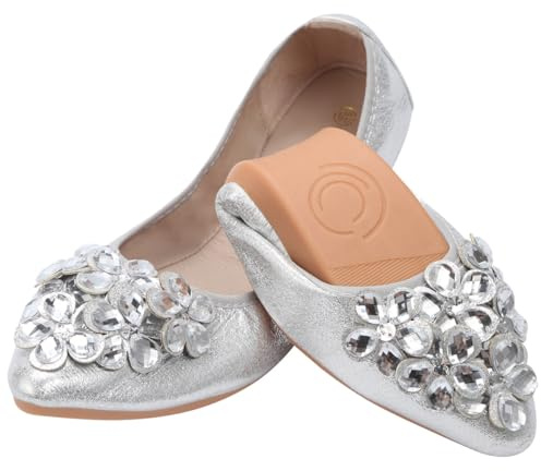 KUNWFNIX Women Ballet Flats Rhinestone Wedding Ballerina Shoes Foldable Sparkly Comfort Slip on Flat Shoes