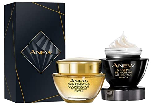 Avon Set Gesichtspflege für die Nacht 1x Anew Gold Emulsion 50ml + 1x Anew Supreme reichhaltige Creme 50ml alles Protinol + Geschenkbox