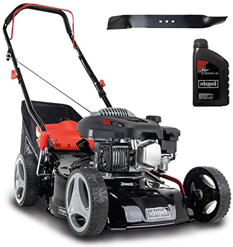 Scheppach Tondeuse à Gazon Thermique MP132-42 | Largeur de Coupe 42cm | 3,4 CV | Robuste | Fonction de Nettoyage | Panier 45L | Réglage de la Hauteur en 7 Positions (25-75mm) | Lame + Huile Incluse