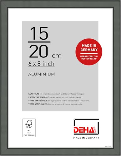 DEHA Design Bilderrahmen, 15 x 20 cm, Aluminium, Grau matt, Fotorahmen zum Auftstellen im Hoch- & Querformat, bruchsicheres Kunstglas, Boston