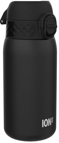 Ion8 Kinder Trinkflasche, Edelstahl 400ml, Auslaufsicher, Einhandöffnung, Sichere Verriegelung, Spülmaschinenfest, Klappdeckel, Tragegriff, Leicht zu Reinigen, Langlebig & Kratzfest, Schwarz