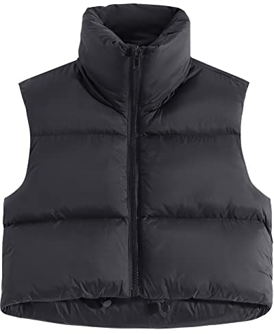 fuinloth Damen Weste Kurz Stehkragen Steppweste Warm Winter Crop Puffer Weste mit Reißverschluss Ärmellose Übergangsweste Schwarz S