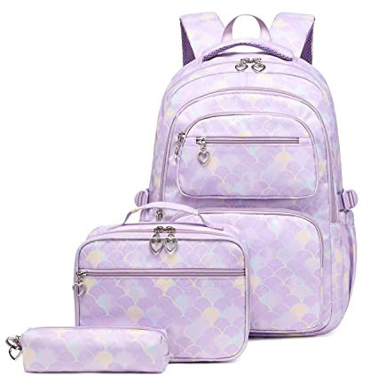 3Pcs Mermaid Scale Backpack Set for Girls with Lunchbox ＆ Pencil Case, Mermaid Girls Backpack School Bag and Lunch Bag Set