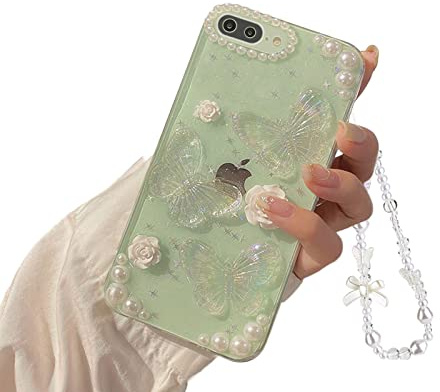 Ownest Kompatibel för iPhone 7 Plus-fodral iPhone 8 Plus fodral med klar 3D fjäril blommig estetisk design för kvinnor flickor glitter kristall skyddsfodral + pärlkedja