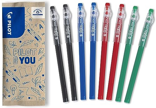 PILOT - Set di 8 FriXion Ball Stick - Penna a Inchiostro Termosensibile Cancellabile - La FriXion Economica - 2 Nero, 2 Blu, 2 Rosso, 2 Verde - Punta Media