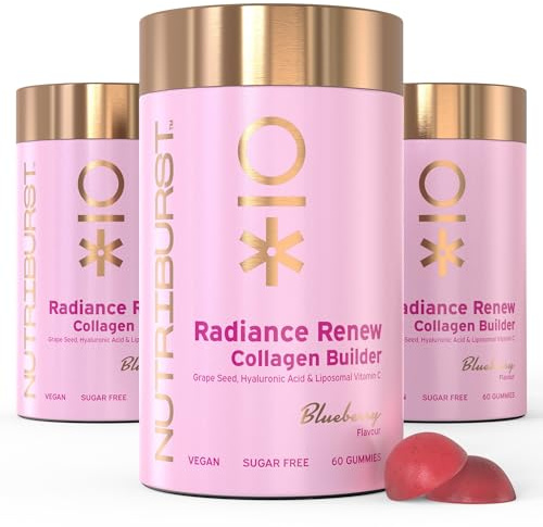 Nutriburst Radiance Renew • Boost Collagen • 3 Months • Vegan & Sugar Free | 180 blueberry flavour vitamin gummies with Vitamin C, Biotin & Hyaluronic Acid to boost natural collagen production.