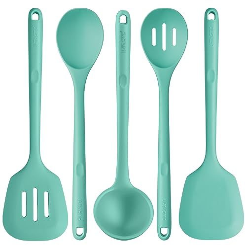 U-Taste Ustensiles de cuisine en silicone extra longs: spatules de cuisson résistantes à la chaleur de 315 ℃, cuillères de service pour mélanger friture remuer l'égouttage (5 pièces, Aqua Sky)