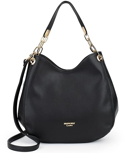 Princely London Beuteltasche Lisa - Schwarze Damen Handtasche aus Veganem Leder, Geräumige Schultertasche für Alltag, Arbeit & Freizeit, mit Verstellbarem Schulterriemen, Elegant und Praktisch