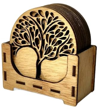 CrisPhy Lot de 12 Dessous de Verre en Bois avec Arbre de Vie, 9 x 9 cm, pour café et thé, Arbre de Vie pour la Purification et la méditation, Symboles spirituels en Bois