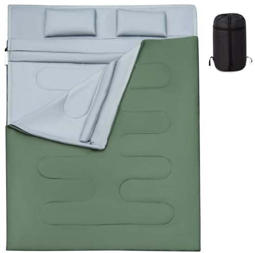 GYMAX 2 in 1 Doppelschlafsack, Deckenschlafsack mit 2 Kissen & Tragetasche, Schlafsack 2 Personen, leichtgewichtig & wasserabweisend, 0°C bis 15°C, für Camping, Wandern, Reisen (Grün)