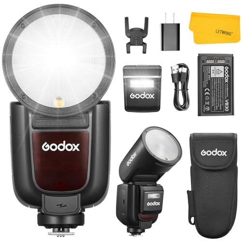 Godox V1 Pro F V1Pro-F TTL Flash d'Appareil Photo à Tête Ronde pour Fuji, 2.4G 1/8000s HSS Speedlight, 500 Flashes à Pleine Puissance, Charge par Type-C, Lampe Pilote LED, Externe Flash pour Fujifilm