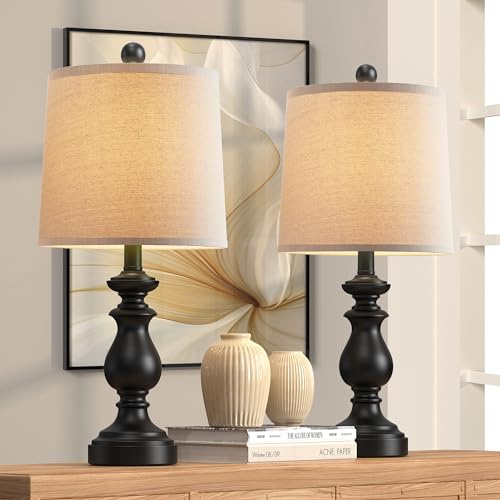 PARTPHONER Traditional Table Lamp Set of 2, Rustic Farmhouse Table Lamps for Living Room Bedroom, 22 Bedside Desk Lamps Vintage Nightstand Lamps with Linen Shades, Black