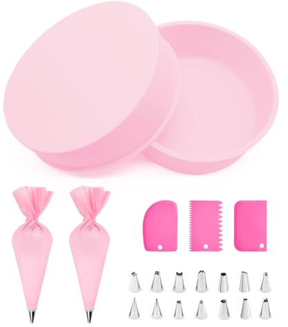TRUEIN 2 Stück Silikon Backform Rund, 20.3 cm/8 Zoll Kuchenform Silikon und 21 Pcs Spritztüllen Set, Antihaft Silikon Backformen Rund, Silikonform Rund für Schichtkuchen, Käsekuchen (Rosa)