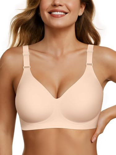 OEAK Brasier sin costuras para mujer, cómodo, sin aros, soporte completo, push up, talla grande, cuello en V, camiseta para dormir, Color piel (nude), M