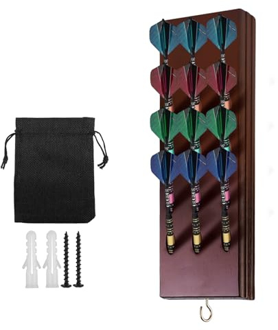 WIYETY Soporte para dardos de madera para colgar: soporte para diana con clavos de metal y bolsillo para dardos, soporte para 12 dardos, accesorios para dardos, práctico almacenamiento para dardos de