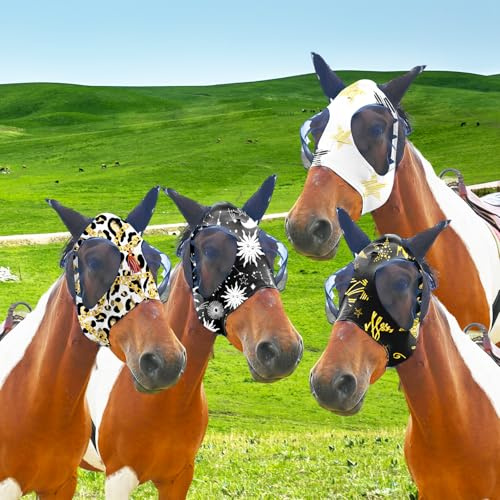 Super Comfort - Juego de 4 antimoscas para caballos con orejas, máscara elástica para moscas con protección UV (talla L: