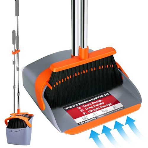 Upgraded Broom and Dustpan Set, 52 Long Handle Standing Combo with Self-Cleaning Teeth – Perfect for Pet Hair, Kitchen, Office, Home, Indoor & Outdoor Cleaning(Orange & Gray)