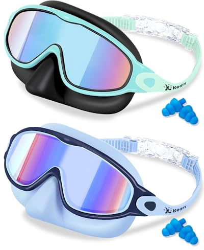 Keary 2 Pack Kids Swim Goggles with Nose Cover Swimming Goggles for Kids 4-7 6-14 8-12 Age 3-6 5-8 Toddler Boys Girl Youth Child Anti-UV Anti-Fog Pool Water Leakproof