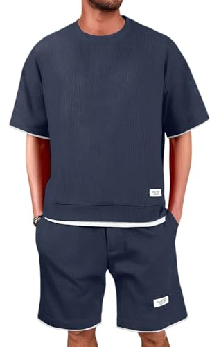 Herren Zweiteiler Sommer Lässig Chino Trainingsanzug Anzug Beige Classic T-Shirt Und Shorts Sommeranzug Sommer Langarmshirt Herren Set Sportanzug Leichte Schlafanzug Kurz（Marine，L）