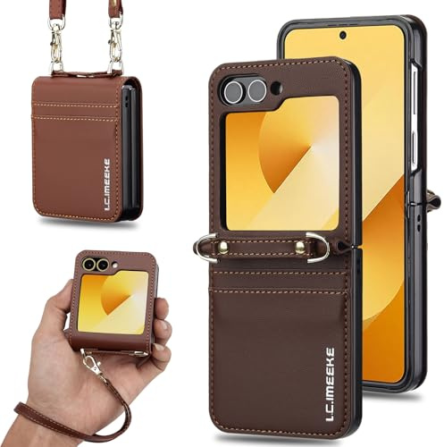 ZHOZEXIN Étui Portefeuille élégant en Cuir PU pour Samsung Galaxy Z Flip 6, avec Support, Fente pour Cartes, dragonne et bandoulière.（Brun）