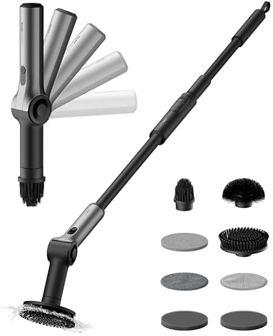 HOTO Flexi™ Spazzola Elettrica Rotante per Pulizia Casa, Angolo Regolabile, Maniglia Estendibile, Display Intelligente, Impermeabile IPX7, 8 Testine Sostituibili, per Bagno Piastrelle Vasca da Bagno