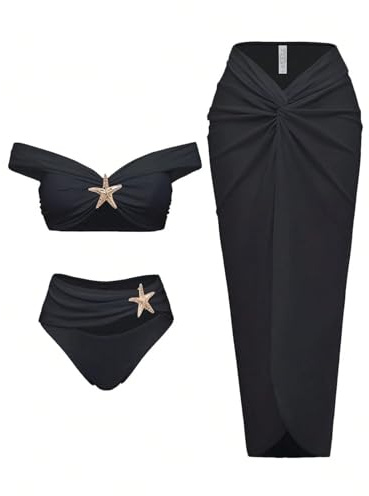 Traje de baño con falda larga, bikini de tres piezas, para mujer, Negro , M