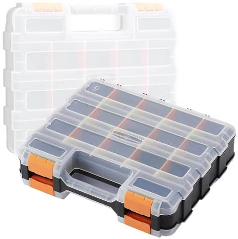FINELYCR Organizador de Tornillos Doble Cara, 34 Compartimentos Caja Organizadora Tornillos, Portátil Organizador Tornillería, Color Naranja Caja Clasificadora de Herramientas, para Taller, Hogar, Gar