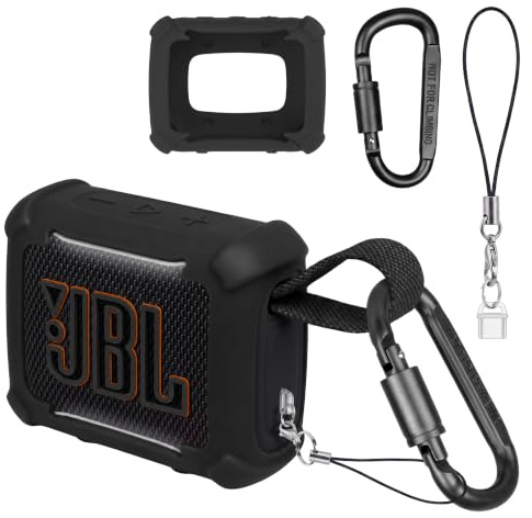 NEWZEROL Fodral kompatibelt med JBL Go 5 | 4 hörn anti-chock med karbinhake dammpropp, lätt att bära, reptålig, lätt, anti-fall silikon-svart