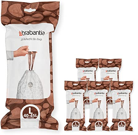 Brabantia 138669 PerfectFit Bin Liners Multipack (Size L/40-45 Litre) Thick Plastic Trash Bags with Tie Tape Drawstring Handles (120 Bags), White