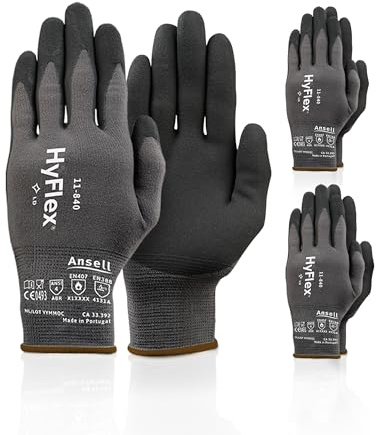 Ansell HyFlex 11-840 Ergonomic Abrasion-Resistant Nylon Spandex Nitrile Coated Industrial Gloves for Automotive, Fabrication - Med (8) Grey (3 Pairs)