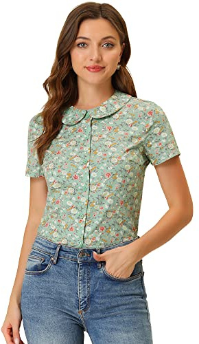 Allegra K Chemisier rétro à imprimé floral avec col claudine boutonné sur le devant pour femme, Vert, 36