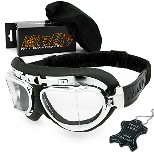 HELLY® - No.1 Bikereyes® | Motorradbrille | echt Leder | beschlagfrei, winddicht, HLT® Kunststoff-Sicherheitsglas nach DIN EN 166 | Motorradbrille: 1410 (klar/chrom)