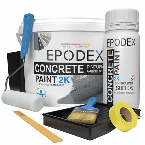 EPODEX 2K BETONGFÄRG med tillbehör – Golvfärg och trappfärg för garage m.m. – Hög täckning, vattentät – Källare, garage, lagerlokaler – 1,8kg för 7m² (2 lager)