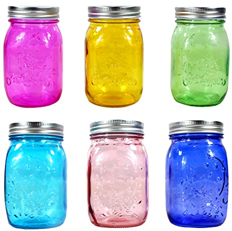 COOKWIN Colored Mason Jars 16oz Wide-Mouth Set, Durable Mason Jars 16 Oz With Lids And 16oz Mason Jar As Colored Glass Jars For Canning And Decorative Mason Jar With Lids(6 Pack)