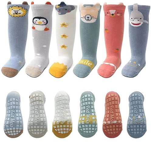 FedMois Calcetines Hasta la Rodilla Antideslizantes para Bebé Niño Niña Pack de 6, Tiburón, 1-3 años