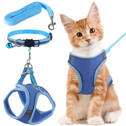 FIHODONE Katzengeschirr mit Katzenleine Katzenhalsband,Katzengeschirr mit Leine Ausbruchsicher,Cat Harness Verstellbar,Katzenleine mit Geschirr für Katzen Orange mit Reflexstreifen (M, Blau)