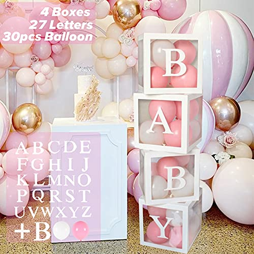 Scatole Baby Shower Decorazioni Ragazze, 4 Scatole Trasparenti Con 30 Palloncini Rosa e Bianco, Scatola Baby con 27 Lettere per Baby Shower Girl, Battesimo Bambina