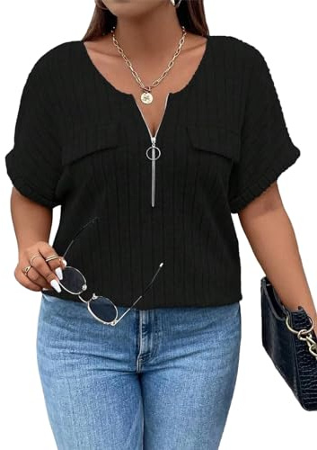 Gemulate Ladies Black Dressy Tops Casual V Neck Short Sleeve Tunic Tops Plus Size Blouses for Women UK Loose Tunic Shirts Blouse Casual Plus Size Tops for Women - Black, XX-Large